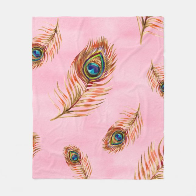 Seamless watercolor pattern with gold peacock feat fleece blanket (Front)