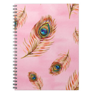 Seamless watercolor pattern with gold peacock feat notebook