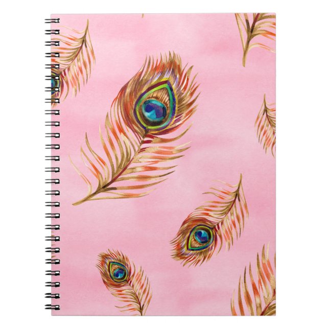 Seamless watercolor pattern with gold peacock feat notebook (Front)