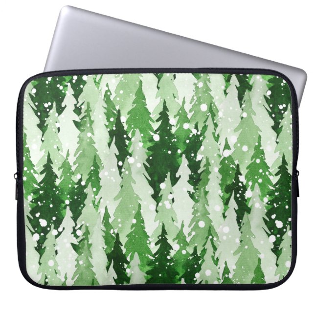 Seamless watercolor pattern with green pine trees  laptop sleeve (Front)