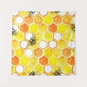 Seamless watercolor pattern with honeycombs and li tapestry