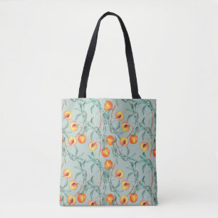 Seamless watercolor pattern with peaches and branc tote bag