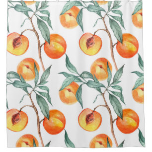 Seamless watercolor pattern with peaches on a whit shower curtain