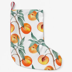 Seamless watercolor pattern with peaches on a whit small christmas stocking