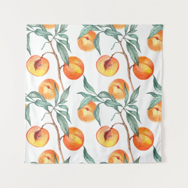 Seamless watercolor pattern with peaches on a whit tapestry (Front)
