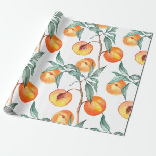 Seamless watercolor pattern with peaches on a whit wrapping paper