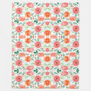 Seamless Watercolor Peach & Pink Floral Pattern Fleece Blanket
