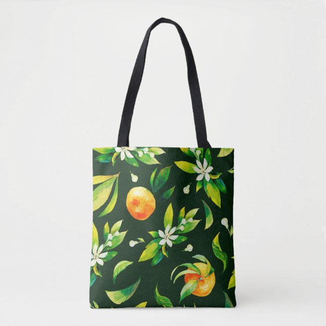 Seamless watercolour citrus fruits and leaves patt tote bag (Front)