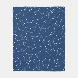 Seamless White Constellations on Navy Blue Fleece Blanket