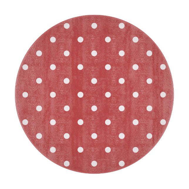 Seamless white polka dot pattern on red background cutting board (Front)