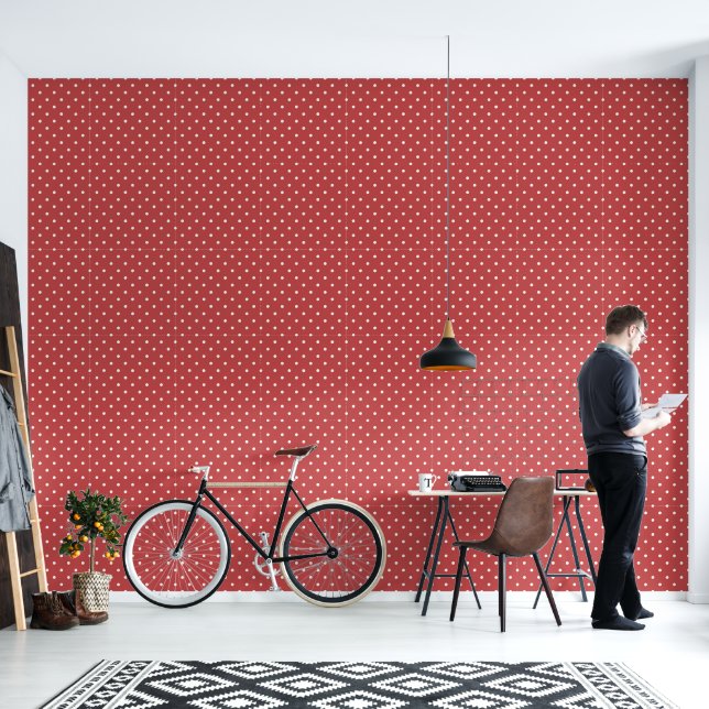 Seamless white polka dot pattern on red background wallpaper (Living Room)
