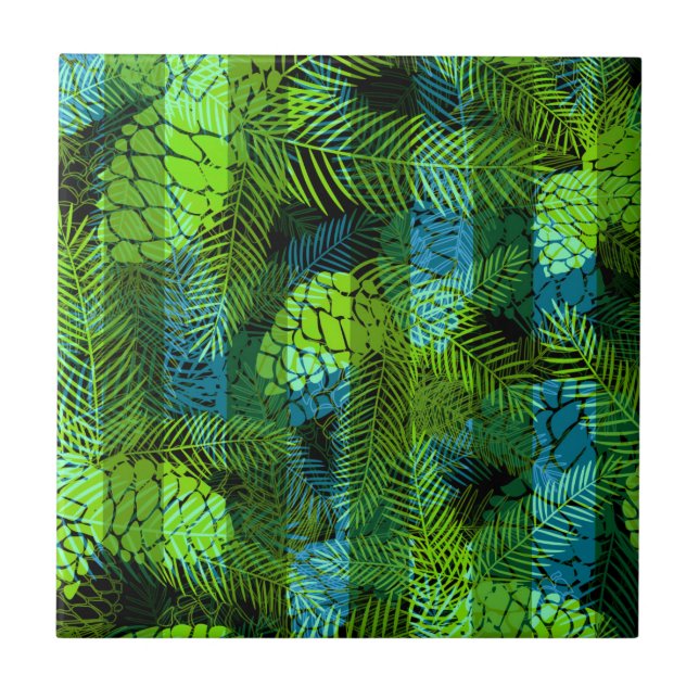 Seamless winter Christmas green blue pine cones tr Ceramic Tile (Front)