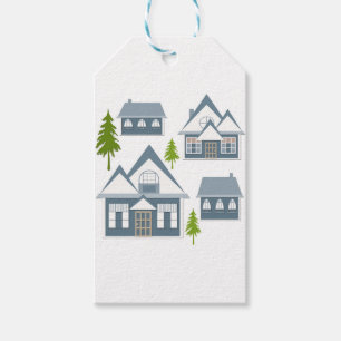 Seamless winter Merry Christmas landscape grey hou Gift Tags