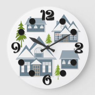 Seamless winter Merry Christmas landscape grey hou Large Clock