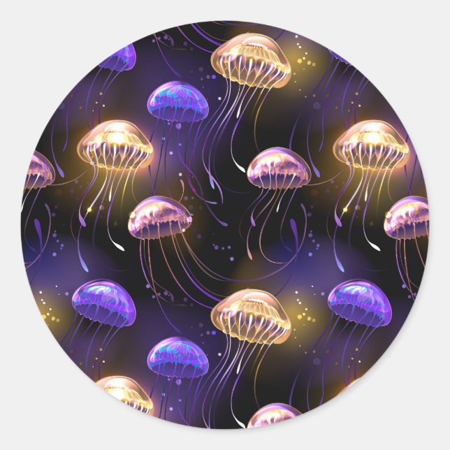 Seamless with glowing jellyfish classic round sticker (Front)