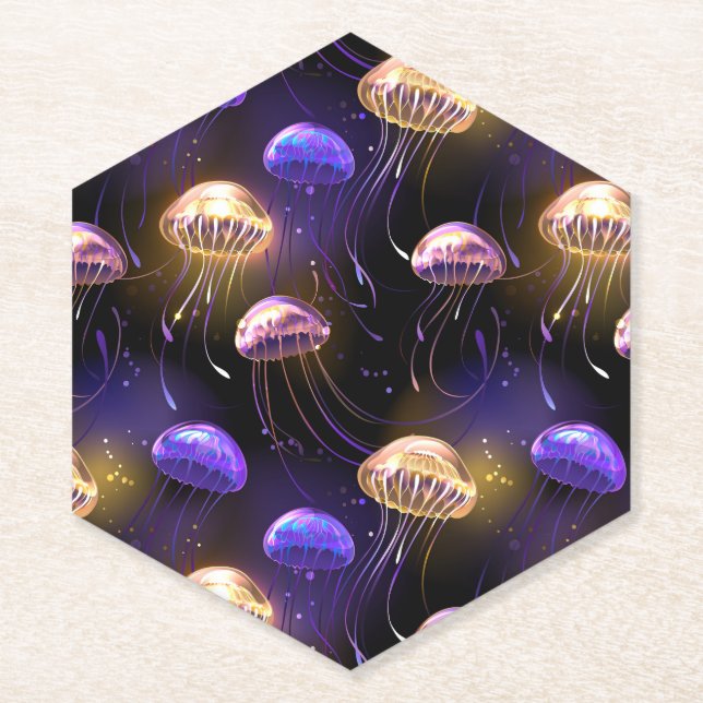Seamless with glowing jellyfish paper coaster (Front)