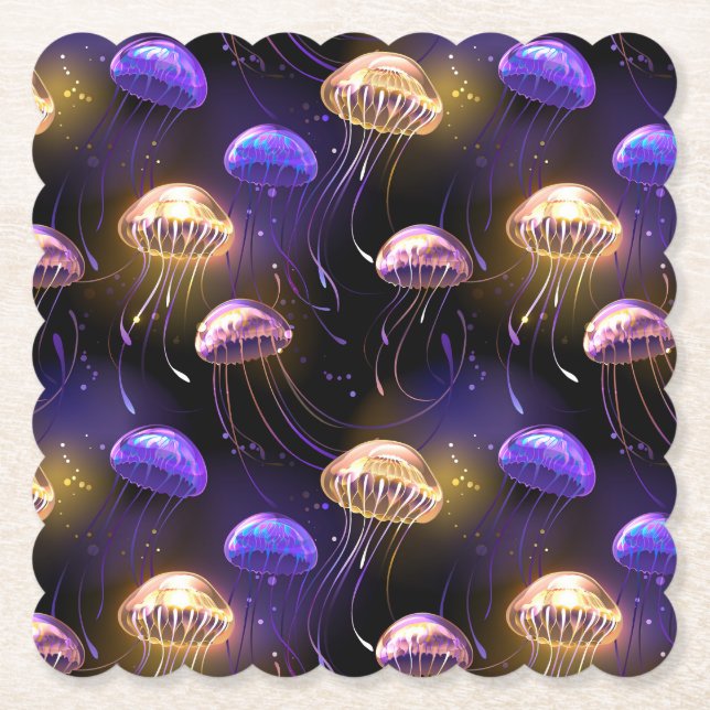 Seamless with glowing jellyfish paper coaster (Front)