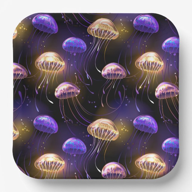 Seamless with glowing jellyfish paper plate (Front)
