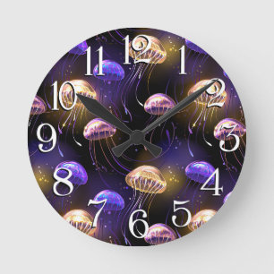 Seamless with glowing jellyfish round clock