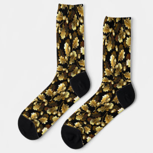 Seamless with golden oak branches on black socks