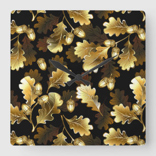 Seamless with golden oak branches on black square wall clock