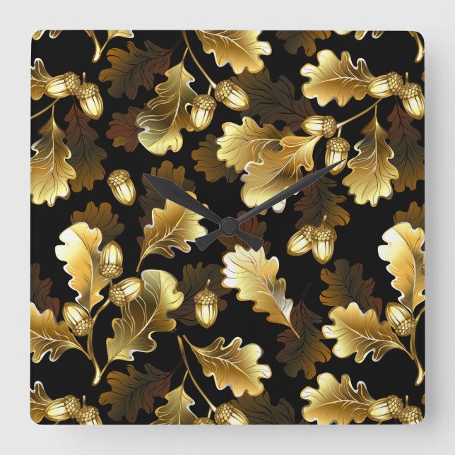 Seamless with golden oak branches on black square wall clock (Front)