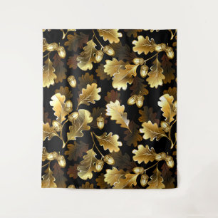 Seamless with golden oak branches on black tapestry