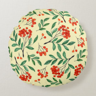 Seamless yellow pattern with rowan. Watercolor han Round Cushion
