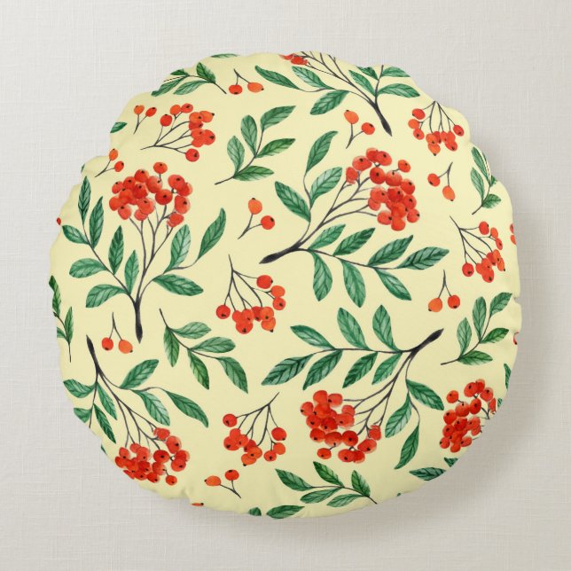 Seamless yellow pattern with rowan. Watercolor han Round Cushion (Front)