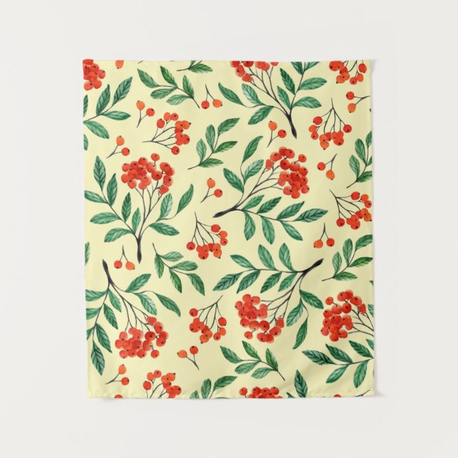 Seamless yellow pattern with rowan. Watercolor han Tapestry (Front)