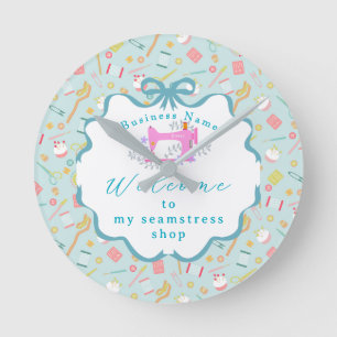 Seamstress Business Sewing Machine Blue Round Clock