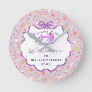Seamstress Business Sewing Machine Purple Round Clock