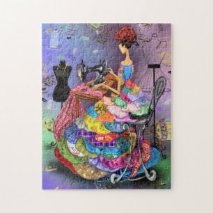  Seamstress Girl with Colourful Dress - Art Drawin Jigsaw Puzzle