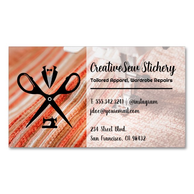 Seamstress Logo | Sewn Fabric Magnetic Business Card (Front)