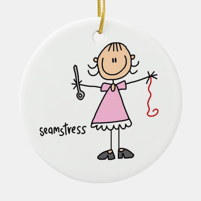 Seamstress Stick Figure Ceramic Ornament (Front)