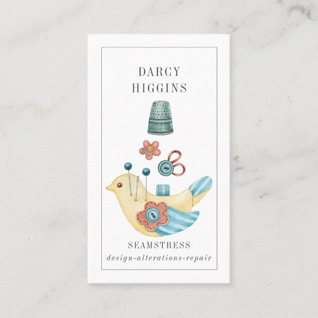Seamstress Tailor Pin Cushion Thimble Buttons Business Card (Front)