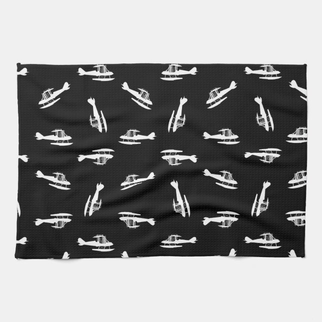 Seaplane Aeroplane Silhouettes Print Pattern Tea Towel (Horizontal)