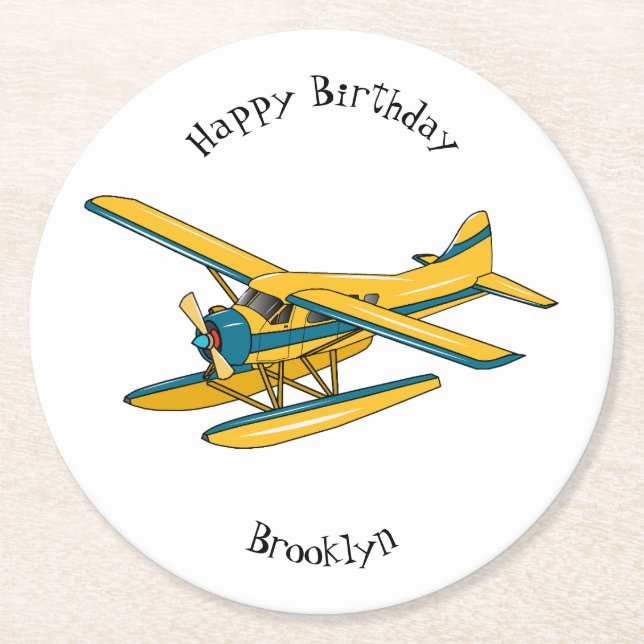 Seaplane cartoon illustration round paper coaster (Front)