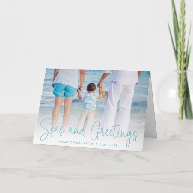 Seas and Greetings Aqua Vacation Photo Christmas Holiday Card (Front)