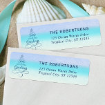 Seas and Greetings Beach Christmas Return Address Return Address Label<br><div class="desc">This beach themed holiday return address label has the phrase “Seas & Greetings” in the shape of a Christmas tree,  with an abstract watercolor beach background.</div>