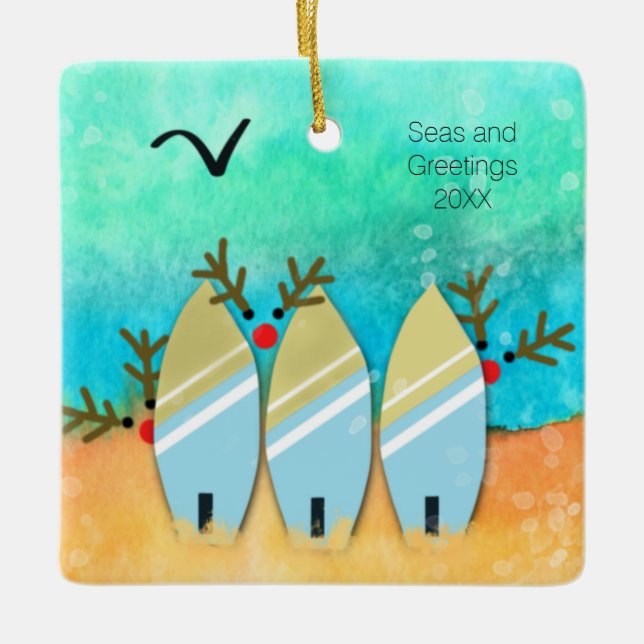 Seas and Greetings Beach Christmas with Rudolph Ceramic Ornament (Front)