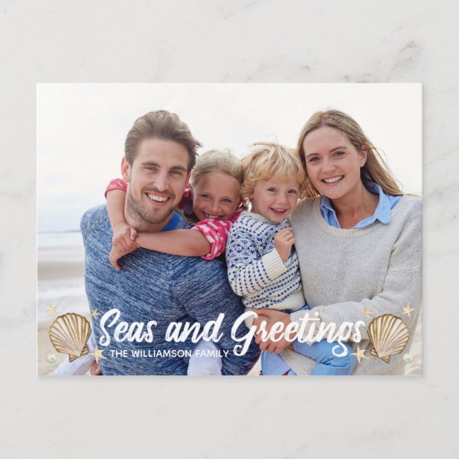 Seas and Greetings Beach Photo Christmas Holiday Postcard (Front)