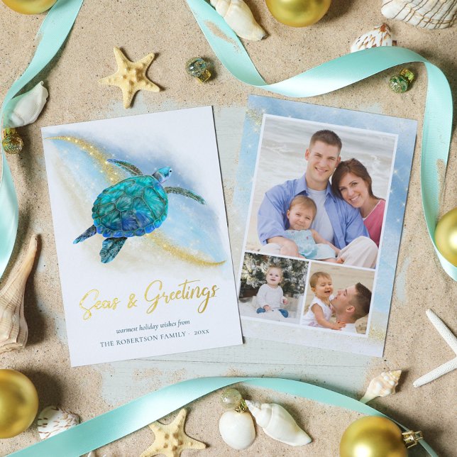 Seas and Greetings Beach Sea Turtle 3 Photo Foil Holiday Card (Creator Uploaded)