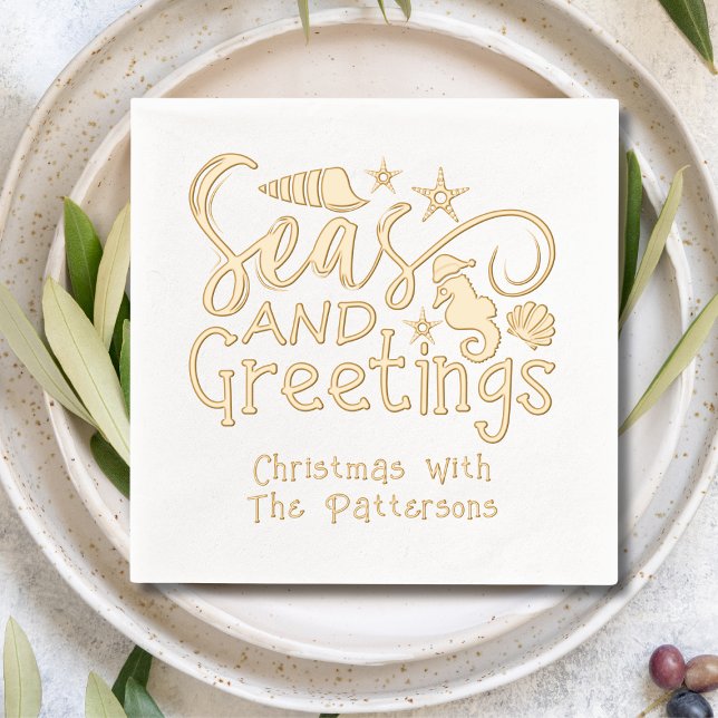 Seas And Greetings Beach Summer Christmas Custom Foil Napkins (Creator Uploaded)