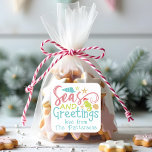 Seas And Greetings Beach Summer Christmas Square Sticker<br><div class="desc">Seas And Greetings Beach Summer Christmas Square Stickers features the text "Seas and Greetings" in modern calligraphy script typography accented with a festive seahorse and seashells with your personalised name. Created by Evco Studio www.zazzle.com/store/evcostudio</div>
