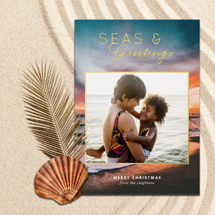 Seas and Greetings Beach Sunset Painting Photo  Foil Holiday Card