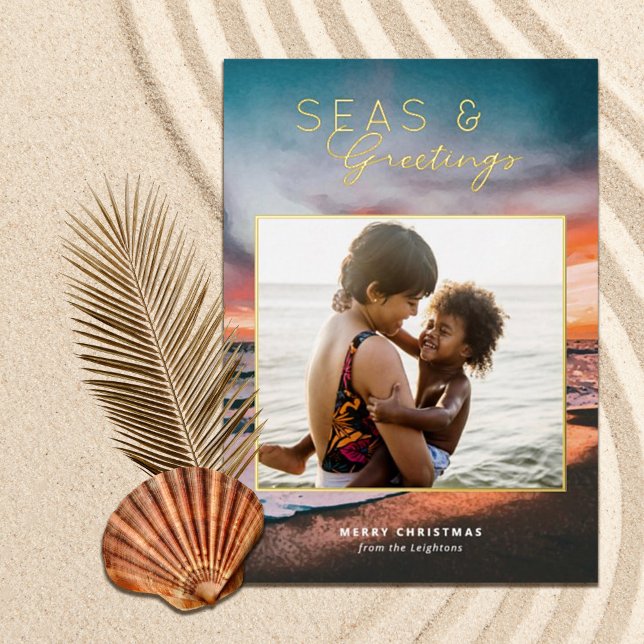 Seas and Greetings Beach Sunset Painting Photo  Foil Holiday Card (Creator Uploaded)