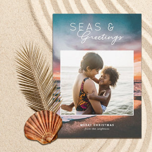Seas and Greetings Beach Sunset Painting Photo Holiday Card