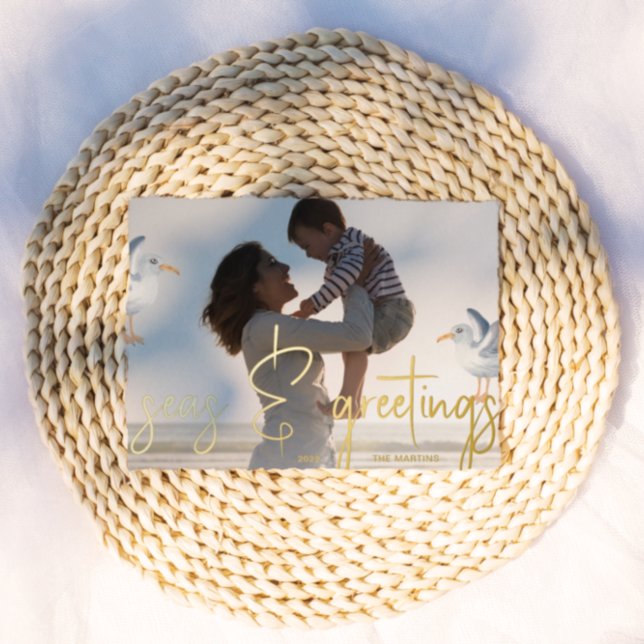 Seas and Greetings Beach Theme Photo Foil Holiday Card (Creator Uploaded)