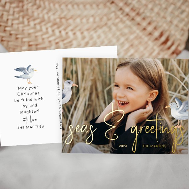Seas and Greetings Beach Theme Photo Foil Holiday Postcard (Creator Uploaded)